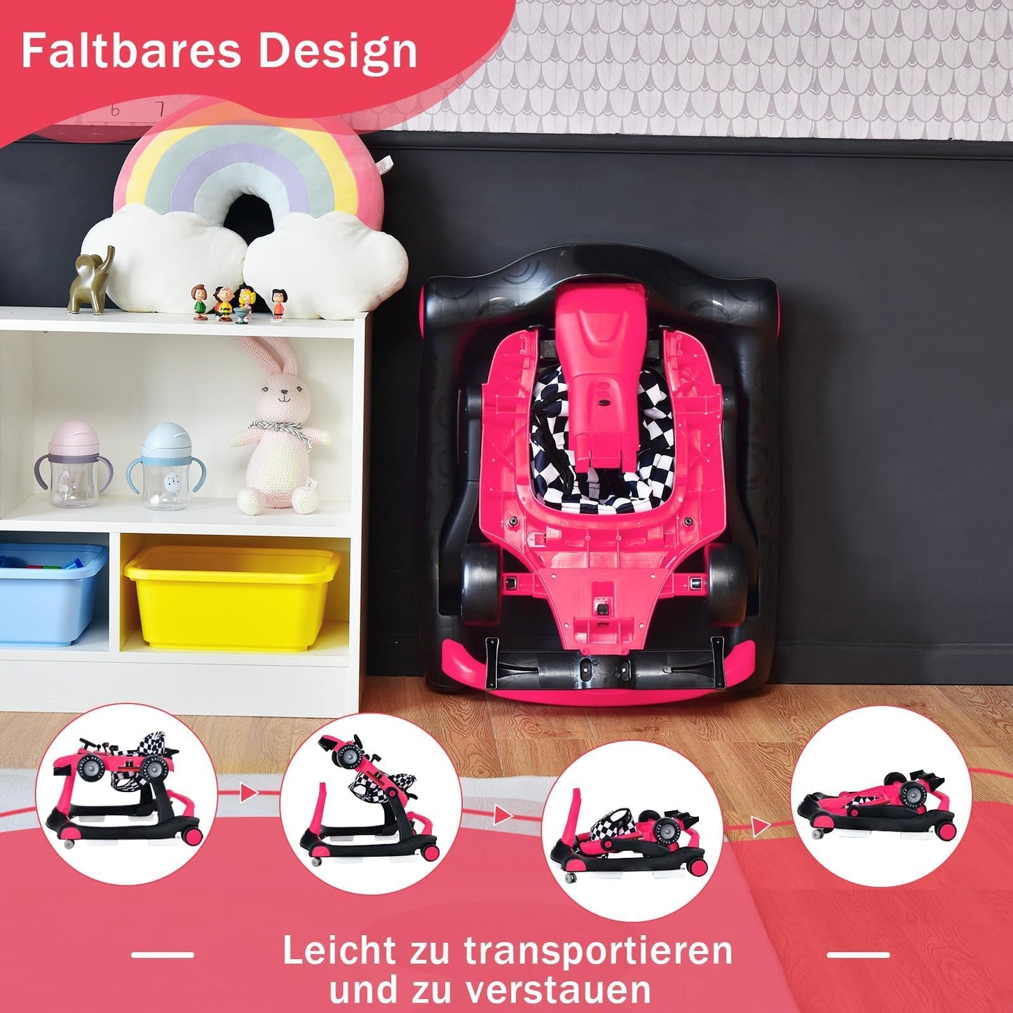 COSTWAY 4 in 1 folding baby walker with adjustable height & speed, music box, lights & wheels, suitable for babies from 6 months, can support up to 12kg weight capacity. Available in pink color.
