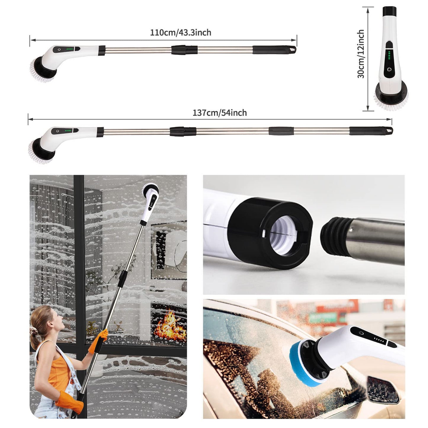 Electric cleaning brush, FARI shower cleaning brush with 8 interchangeable drill brush heads, cordless scrubber with adjustable handle, bathroom and shower cleaner.