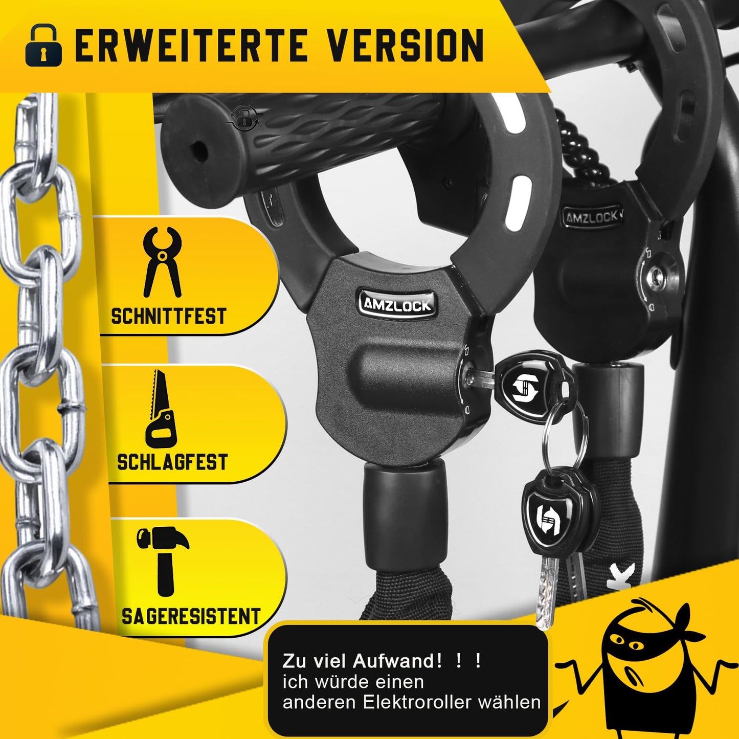 AMZLOCK E Scooter Lock with Bag | 8mm Thick Chain Lock | Handcuff Lock for E Scooter | with 3 Keys | 1.6kg/75cm High Security Lock