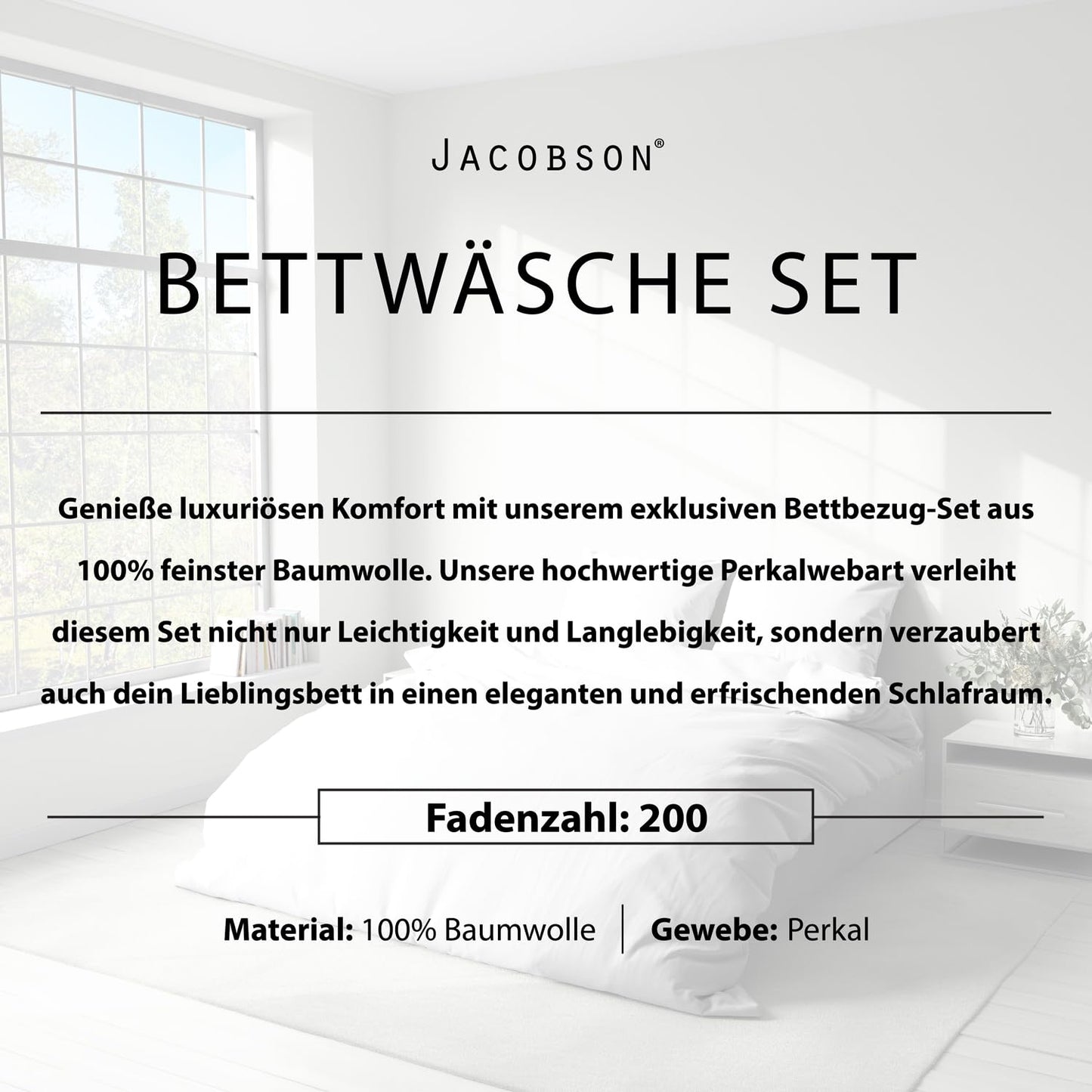 JACOBSON Bedding 155x220 Set - 100% cotton duvet cover 155x220 cm + 2 pillow cases 80x80 cm, percale bedding 3-piece with zipper (155x220cm, White, 3-piece)