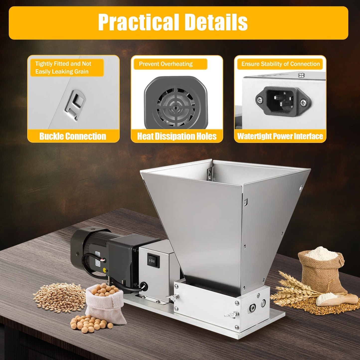 Grain mill, 220V Electric feed mill with Hopper Stainless Steel Malt mill Grain mill Kitchen machine Grain Grinder Home brewer for Grinding Barley Wheat