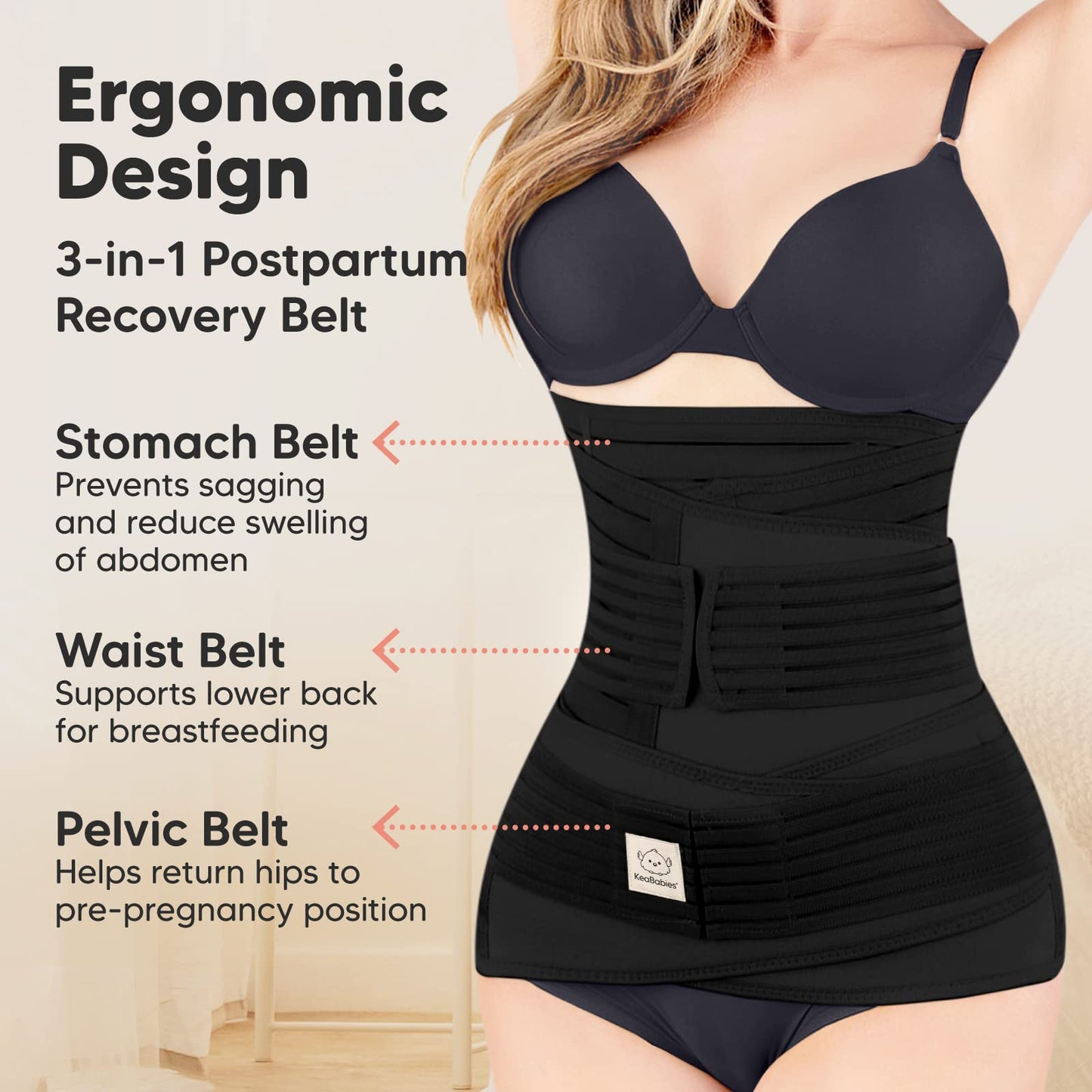KeaBabies Revive 3 in 1 Postpartum Belt for Women - Belly Wrap After Birth C-Section, Recovery Belt After Birth, Belly Band After Birth, Pregnancy Belly Wrap (Midnight Black, M/L)