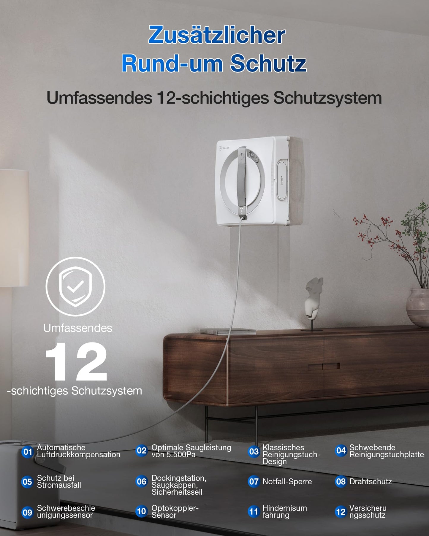 ECOVACS WINBOT W2 PRO Omni window cleaning robot with 6-in-1 multifunction station, on-the-go recharging, 3-nozzle spray head, 12-step safety features, Win-SLAM 4.0 path planning, White