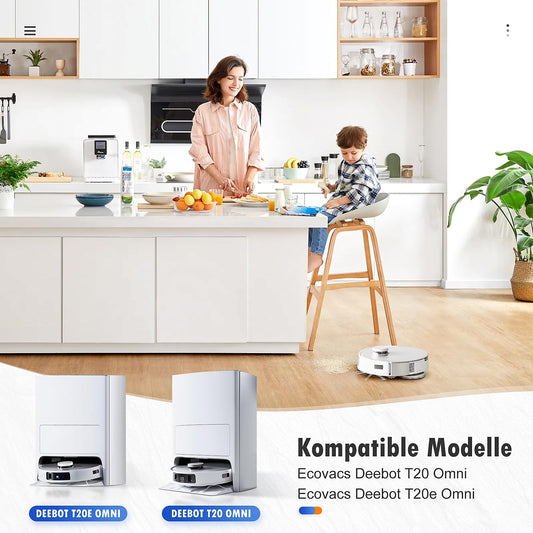 20 pieces of accessories for Ecovacs Deebot T20 Omni/T20e Omni robot vacuum, including 1 rubber main brush, 4 dust bags, 4 mopping cloths, 4 filters, 6 side brushes, and 1 cleaning brush.