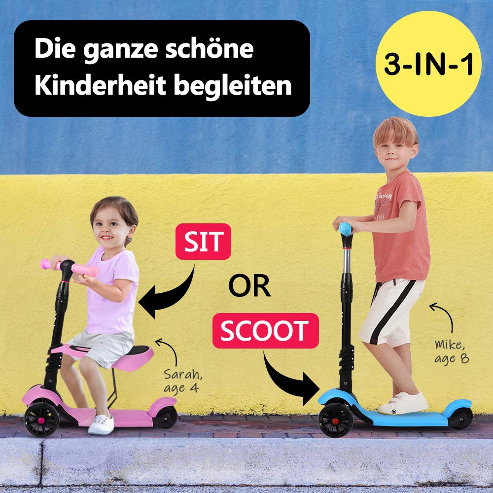 YOLEO 3-in-1 Kids Scooter with Removable Seat, LED Big Wheels, Adjustable Handlebar for Toddlers Boys Girls from 2 Years (Blue)