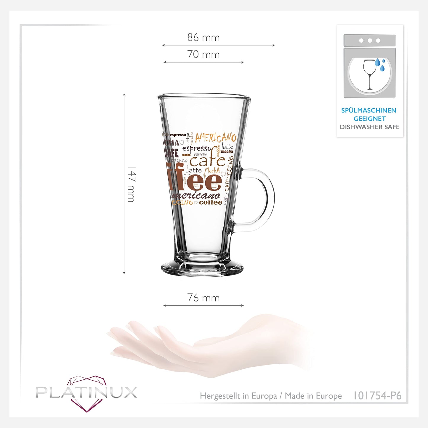 PLATINUX Coffee Glasses with design max. 280ml Set of 6 made of glass Latte Macchiato Glasses with handle Cappuccino Glasses