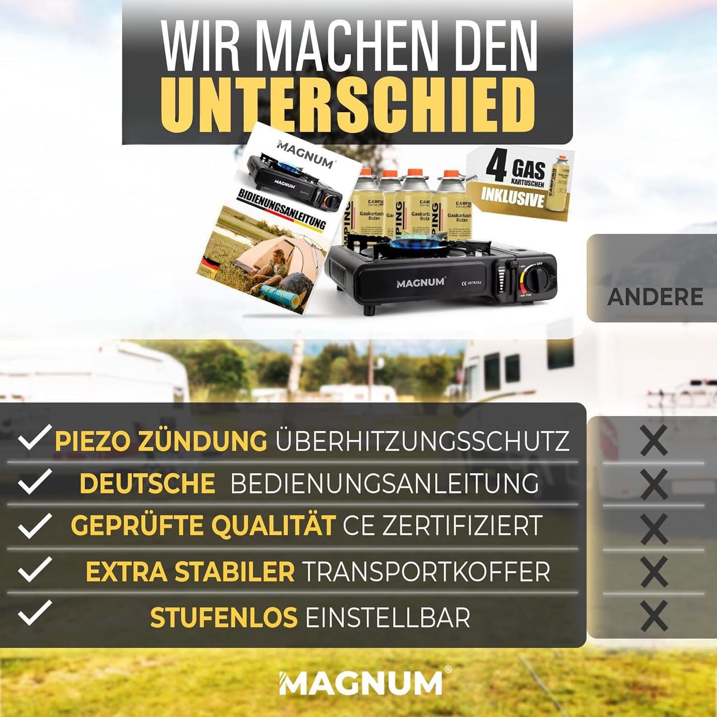 MAGNUM® gas stove incl. 4x gas cartridges and carrying case - camping stove with gas cartridges - camping gas stove complete set with piezo ignition