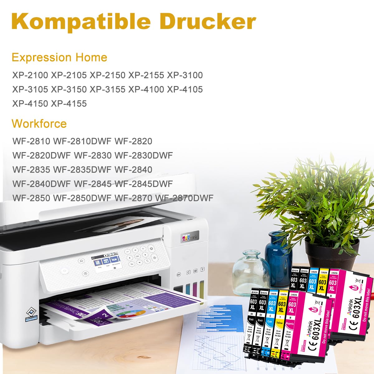 ANKINK Compatible Ink Cartridge Printer Cartridges as a replacement for Epson 603XL for Cartridge 603 XL for WF-2820DWF WF-2830DWF WF-2840DWF XP-2100 XP-2150 XP-3100 XP-3150 XP-4100 XP-4150 Black Color 10 Pack