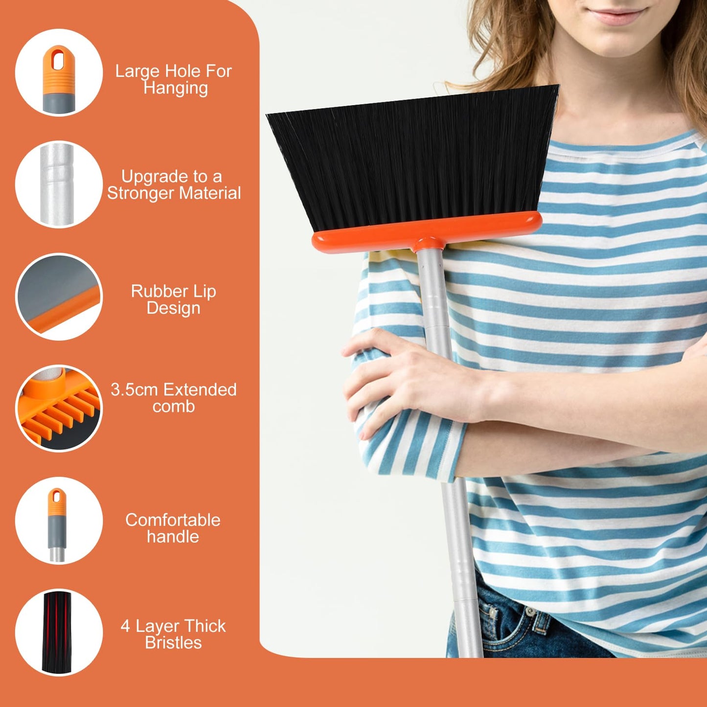 Jekayla Broom and Dustpan Set, broom and dustpan combo with 137cm long extendable handle for household cleaning, orange