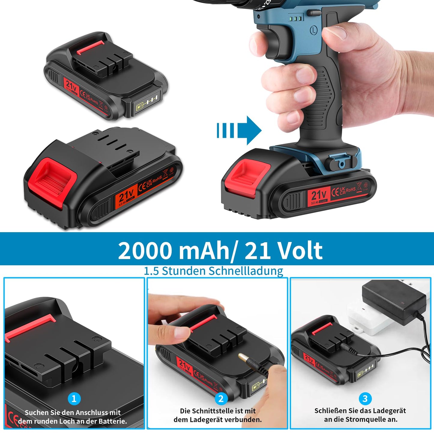 Bogseth 21V cordless drill set, with 112PCS tool kit, 45 N.m max torque, 2 x 2000mAh batteries, 2-speed, 25+3 torque settings, LED light, for home and garden DIY projects.