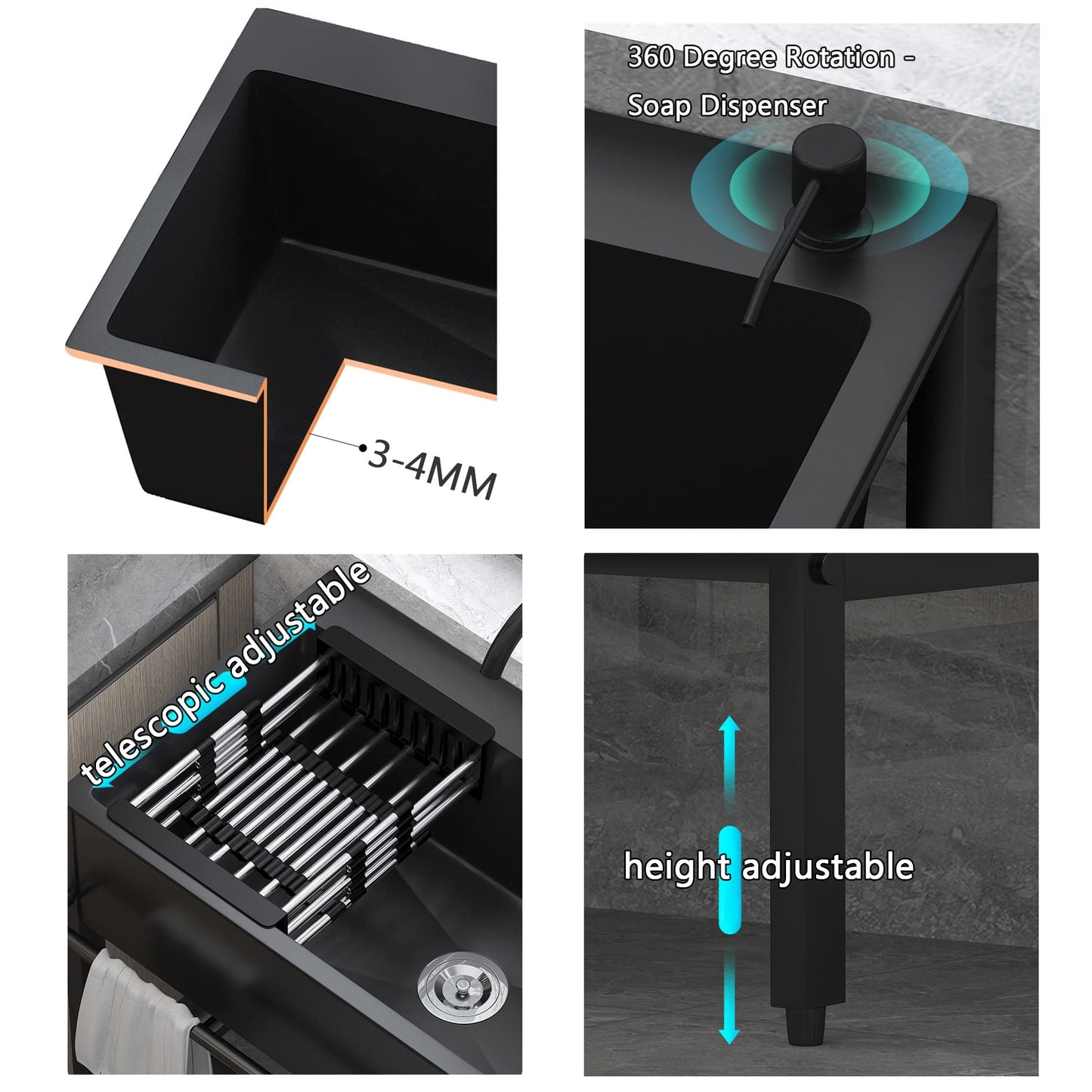 Stainless Steel Standalone Kitchen Sink in Black, with Drainboard for Kitchen Utensils. Great for Kitchen Organization and Storage. Size: 60"