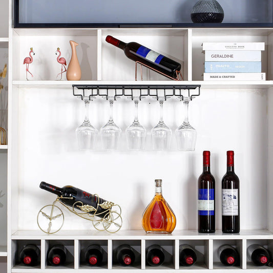 YunNasi 2 Pieces 5 Row Wine Glass Holder Metal Glass Rack Holder Under Cabinet with Screws Hanging Wine Glass Rack for Home Bar Kitchen Bar Pub Restaurant, Black