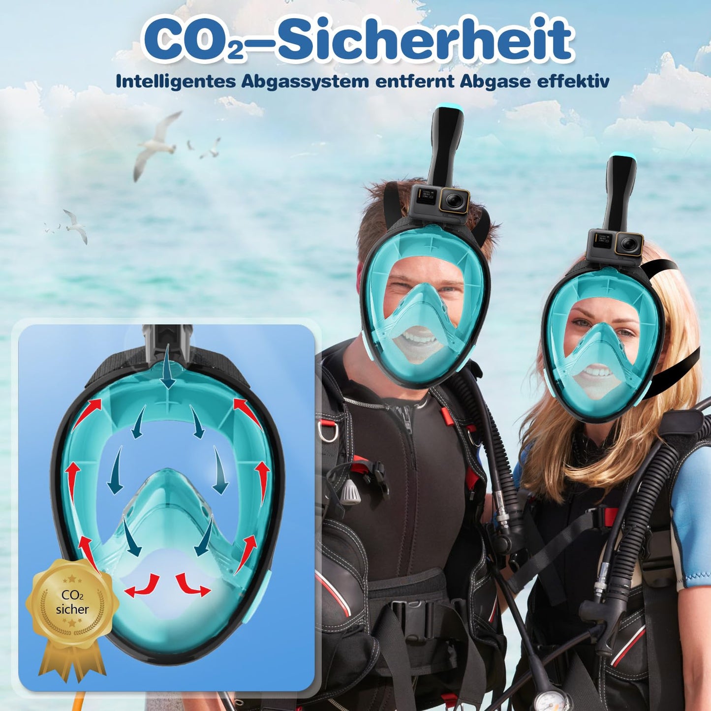Full Face Snorkel Mask for Adults - CO2 Safe, Waterproof & Anti-Fog Dive Mask with Camera Mount - Diving Mask with Carry Bag & Earplugs (green, L-XL)