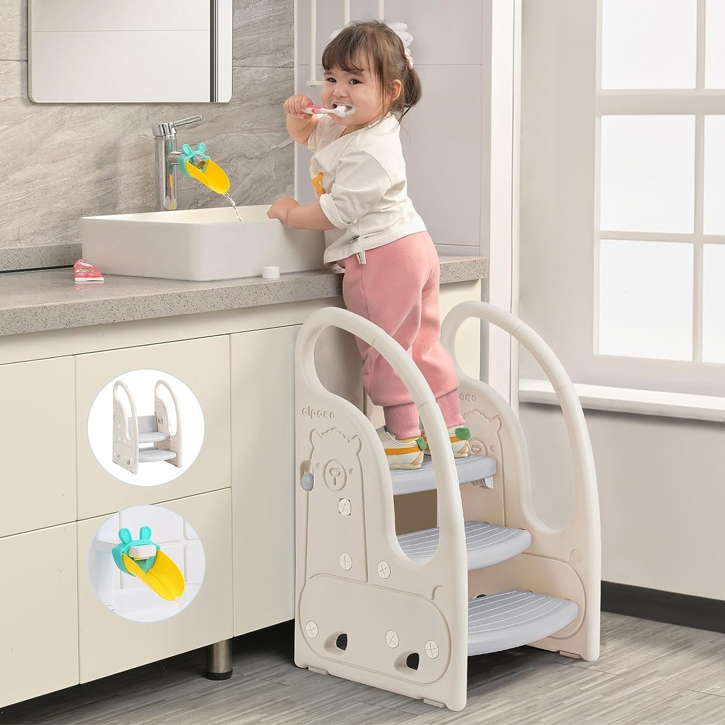 Onasti Kids Step Stool, Three-Step Height Adjustable Toddler Step Stool with Comfortable Handrail, Multi-Functional, Anti-Slip, Suitable for Ages 1.5 to 6 Years - (Grey)