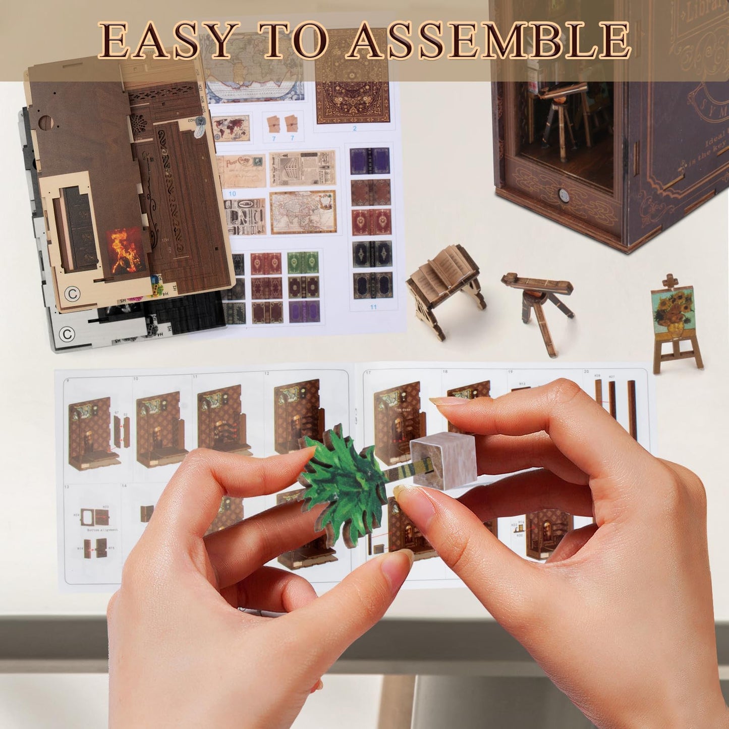 CRIOLPO Book Nook Kit - DIY dollhouse wooden miniature house kit, book corner kit for adults teens, 3D wooden puzzle bookshelf insert kits with sensor LED light (library of books), SL-06
