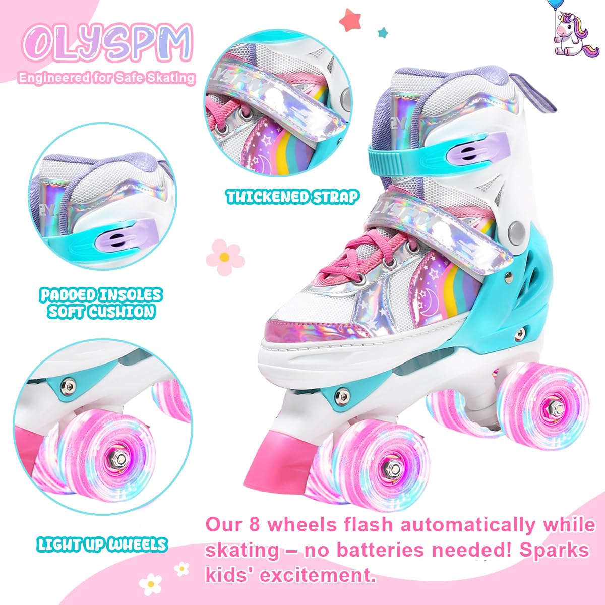OLYSPM Kids Roller Skates Adjustable Ladies Roller Skates, LED Roller Skates and 4 Sizes Adjustable, Roller Skates with Storage Bag for Girls, Boys and Beginners (Pink)