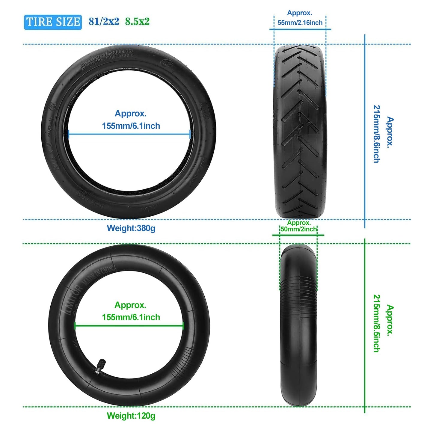 Amitor E Scooter tires with tube 8 1/2 x2, tire tube for E scooter 50/75-6.1. Wear-resistant & non-slip, 8.5 inch replacement tire+tube for Xiaomi Pro 2 M365 Pro 1S, 8 1/2 thickened replacement wheels.