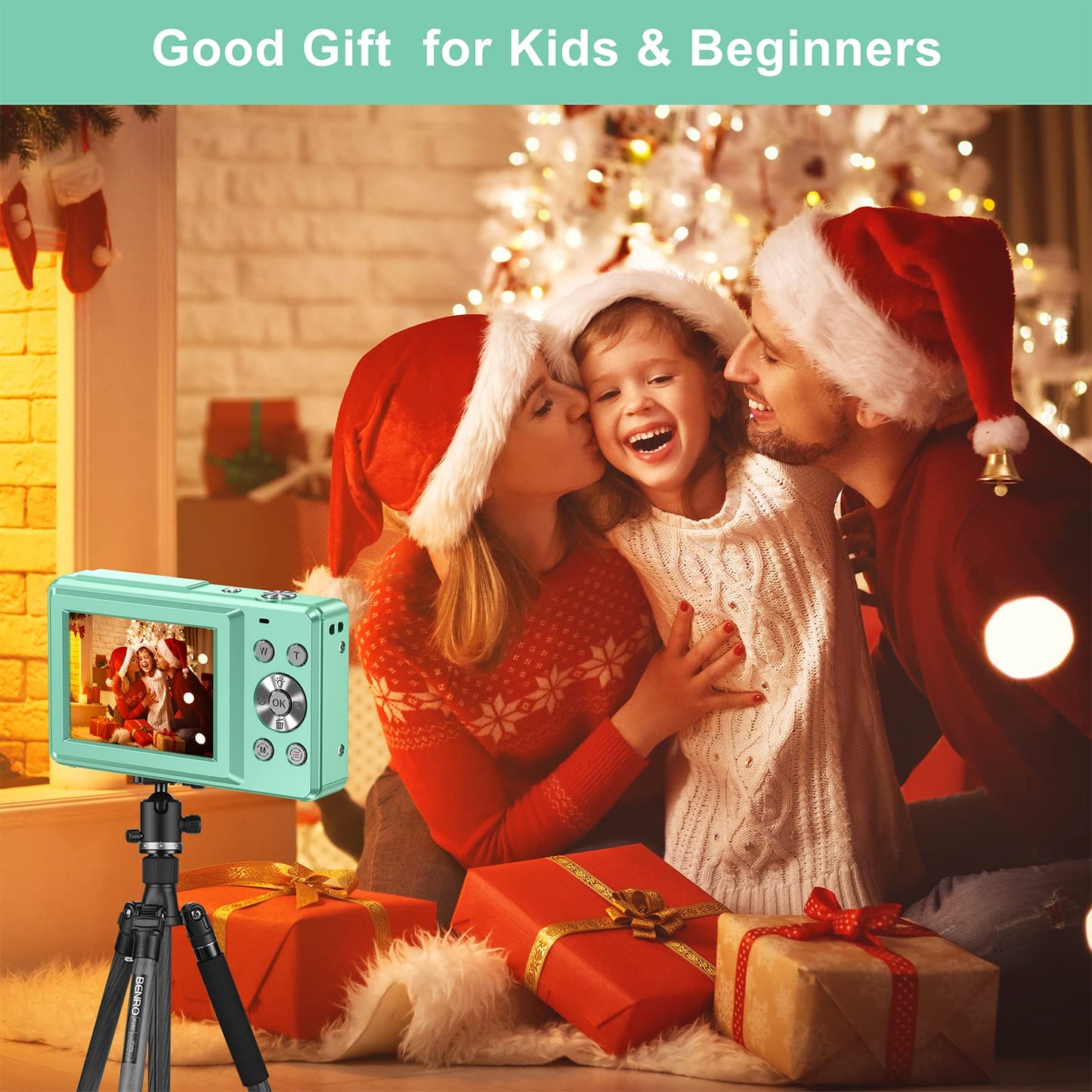 Digital camera 44MP 1080P HD photo camera with 32GB card, compact camera 16X digital zoom with 2 rechargeable batteries, camera for kids, teenagers, beginners, boys, girls (green)