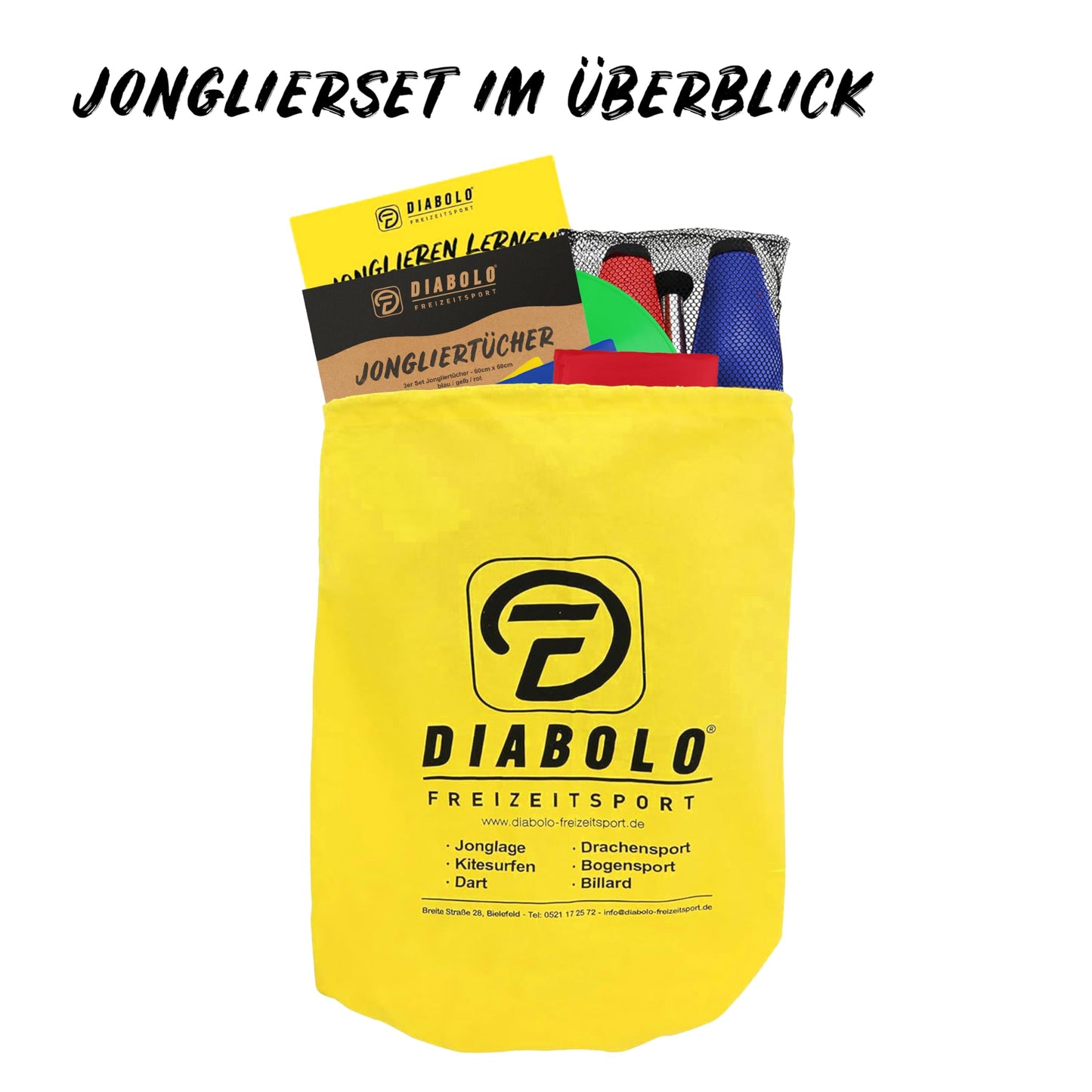 Diabolo recreational juggling set for kids and adults with juggling clubs, juggling balls, scarves, plates including stick & juggling instructions - juggling set as a gift.