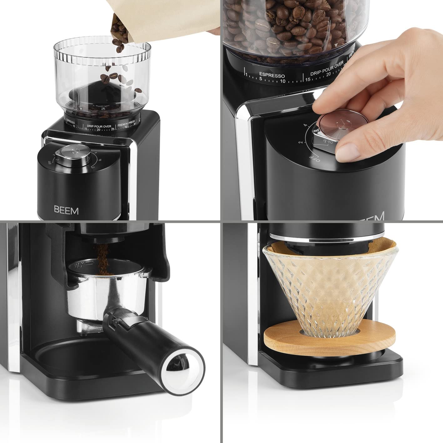 BEEM GRIND-PERFECT Electric Coffee Grinder - 250 g | 35 grind settings, conical burr grinder, adjustable dose with dial (2-12 cups) | Grind directly into portafilter with Ø 52-58 mm