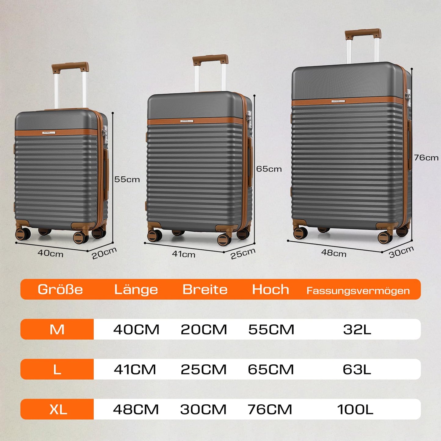 Joyway 5-piece luggage set made of ABS hard shell material. Expandable trolley set with 4 wheels and TSA lock. The luggage set includes 1 travel bag and 1 toiletry bag in grey.