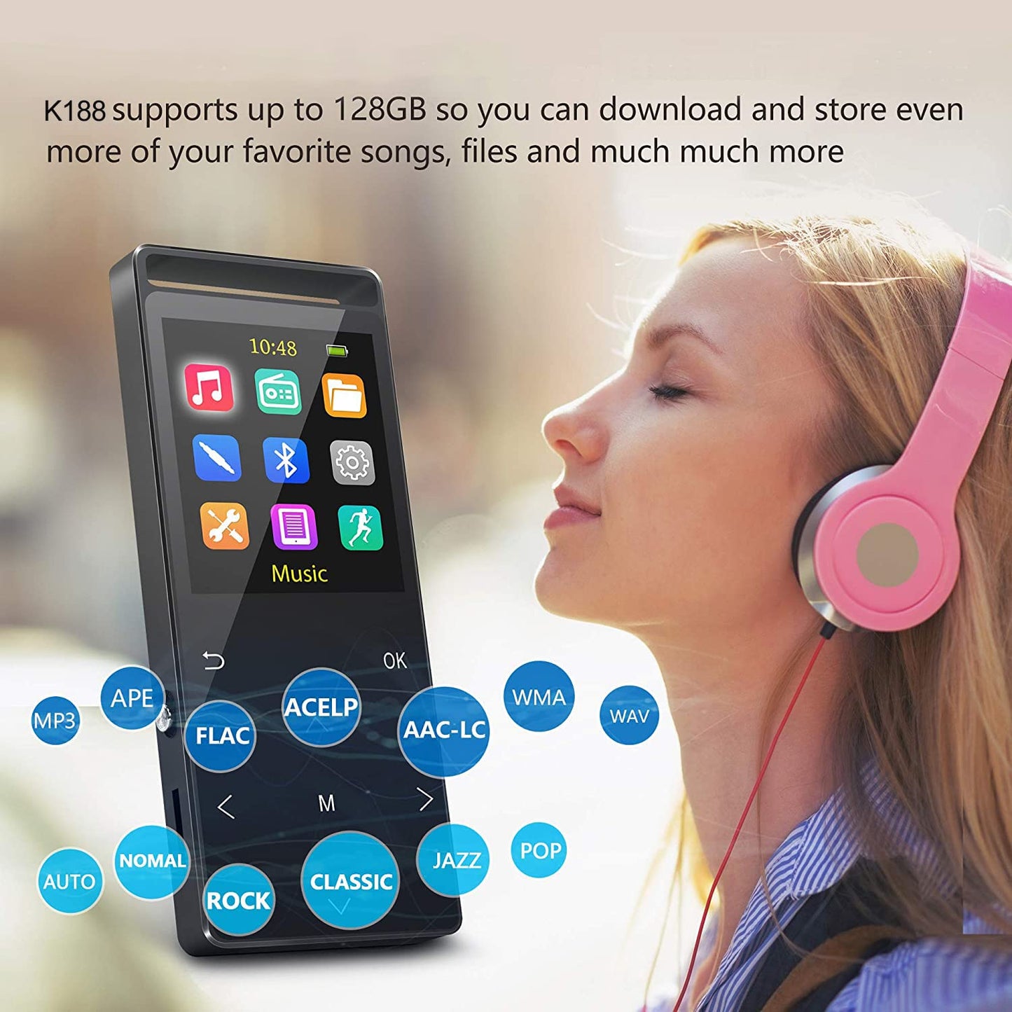 64GB MP3 Player, MUSRUN MP3 Player with Bluetooth Armband, HiFi, AUX recording, Sleep timer, FM radio, FM recording, Matte Black