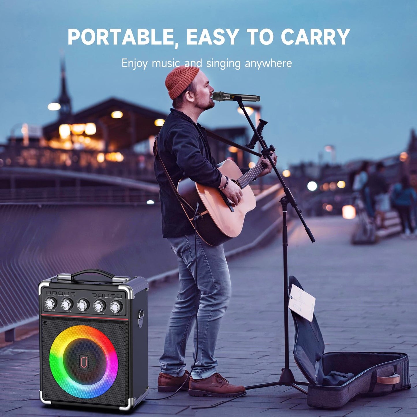 JYX Karaoke Machine with 2 wireless microphones, Portable karaoke system speaker with RGB light for house party. Supports TWS.