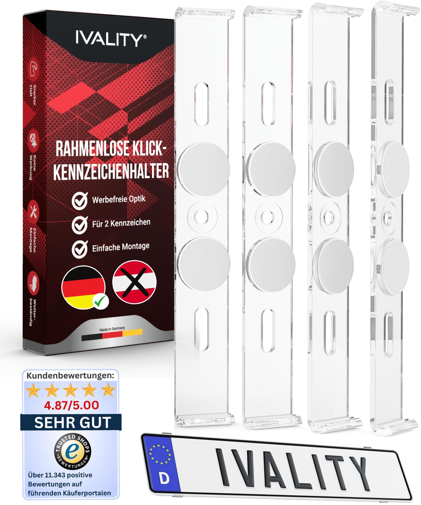 IVALITYยฎ License Plate Holder Frameless - Bracket for 2X German License Plates, Universal License Plate Holder, Car License Plate Mount, 100% legal and Made in Germany.