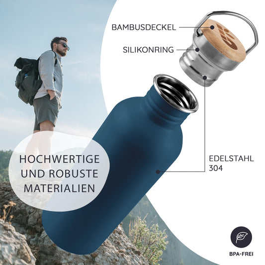 Bambaw 1l Stainless Steel Water Bottle, Non-Insulated Blue Drinking Bottle, BPA-Free 1l Water Bottle, 1l Hiking Bottle, 1l Metal Bottle - Azure Blue