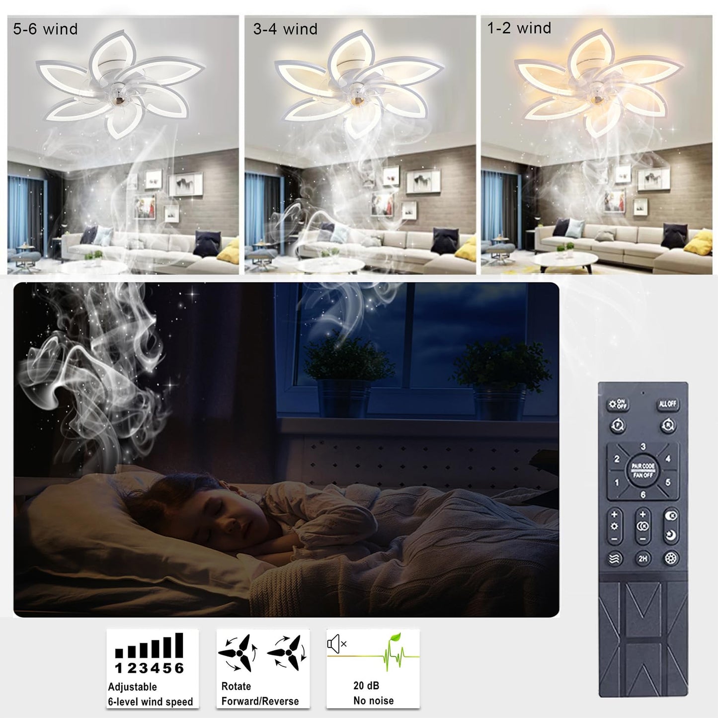 LED ceiling fan with lighting, 48W dimmable ceiling light with fan remote control APP 3 color temperature 6 speeds Quiet ceiling fan for bedroom living room dining room (White, 70cm)