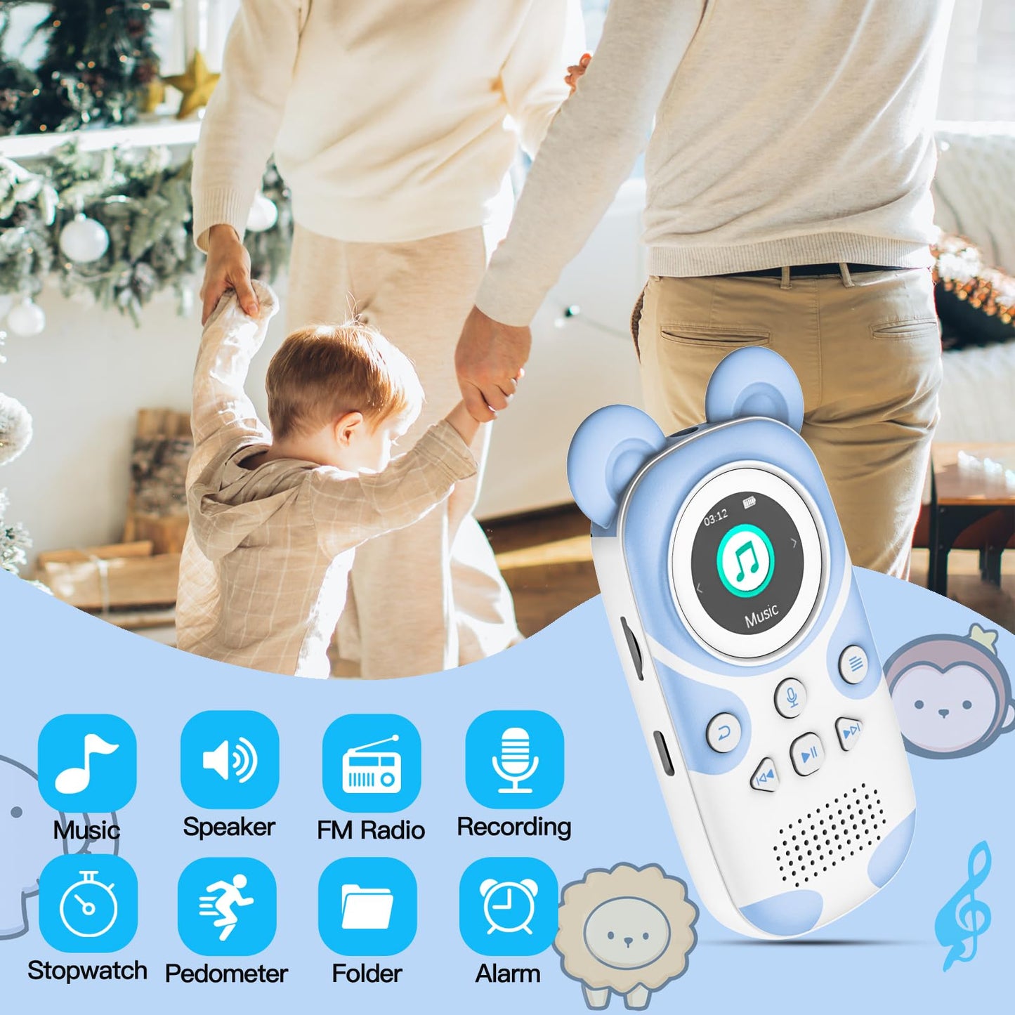 RUIZU 64GB MP3 Player for Kids Bluetooth 5.3 with headphones speaker Supports FM radio, alarm clock, one-touch recording, stopwatch function.
