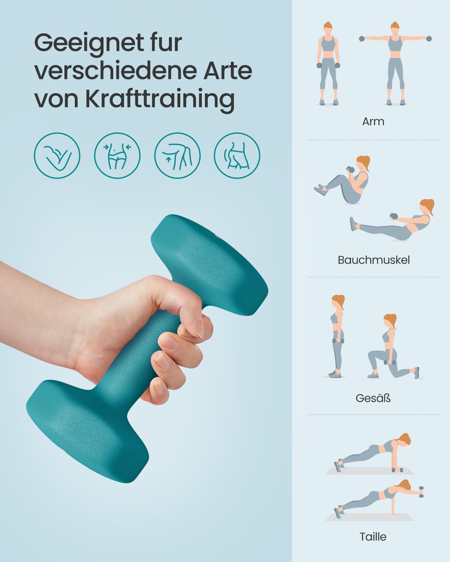 SONGMICS dumbbell set, hexagonal, with dumbbell stand, 2 x 1 kg, 2 x 2 kg, 2 x 3 kg, matte finish, neoprene coating, strength training, at home, lime green, aquamarine and light gray SYL612GN