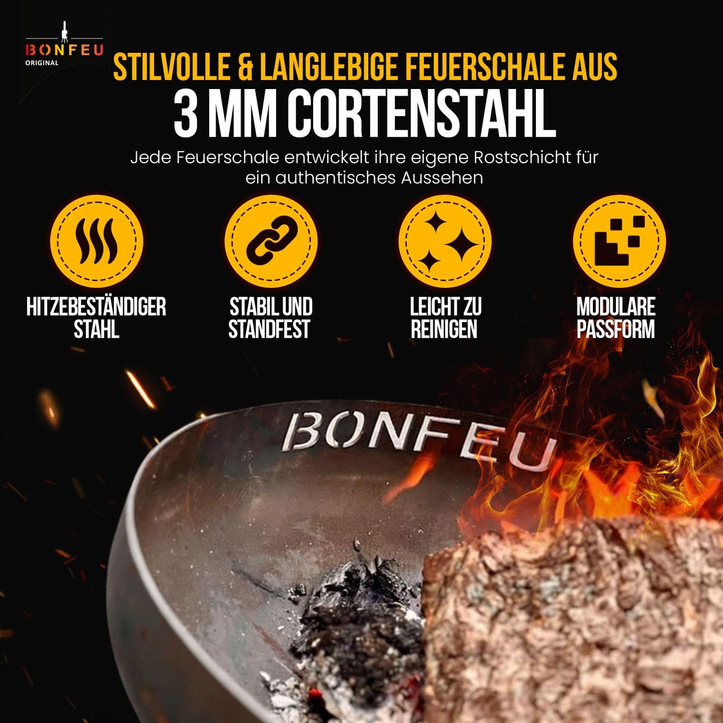 BonFeu BonBowl fire bowl 80 cm - Fire bowls for the garden - Outdoor fire pit - Fire bowl with optional grill grate made of high-quality Corten steel - Fire basket for the garden - 80x80x21 cm.