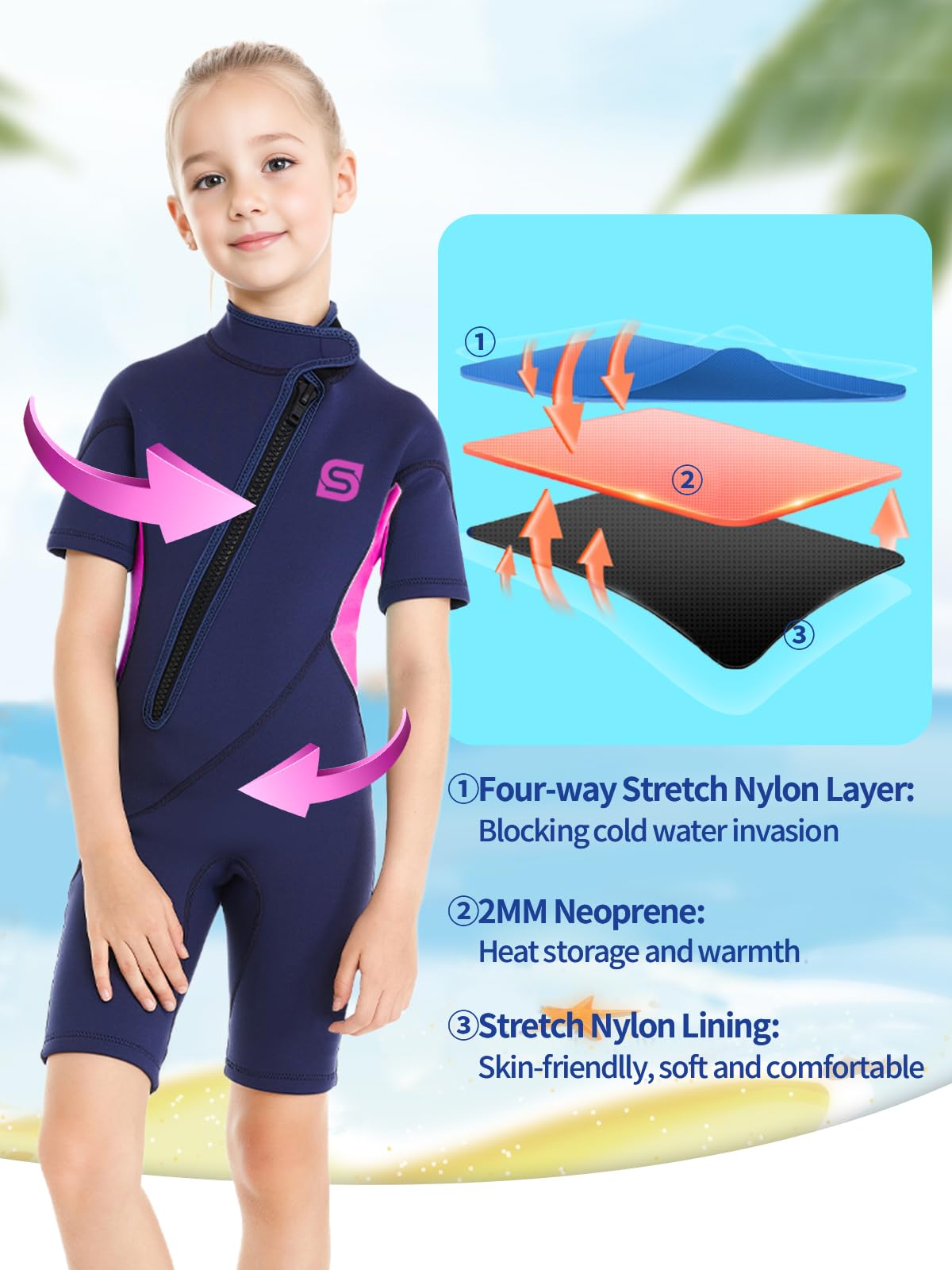 Summhall kids neoprene wetsuit, 2MM neoprene shorty for boys and girls. Thermal diving suit with ultra stretch wetsuits for water sports.