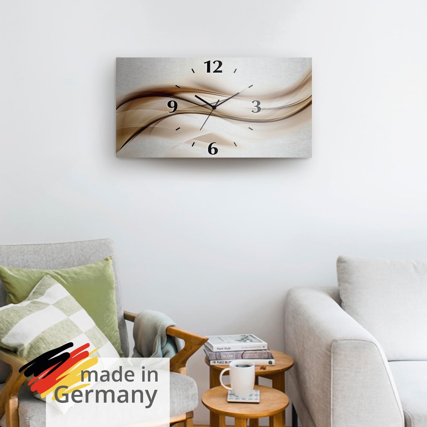 ARTLAND wall decoration wall clock without ticking noises aluminum quartz clock 60x30 cm square silent 3D design wave abstract modern unique T9LI