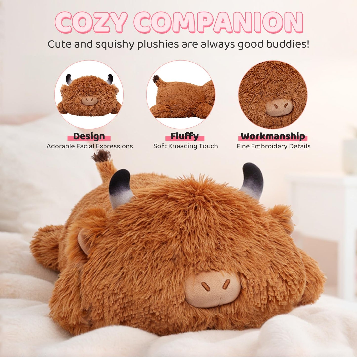 Mewaii Sweet Highland Cattle Cow Stuffed Animal Plush Pillow for Kids, Soft 33 cm Stuffed Animals, Kawaii Plush Cow, Relaxation and Decorative Pillow for Girls.