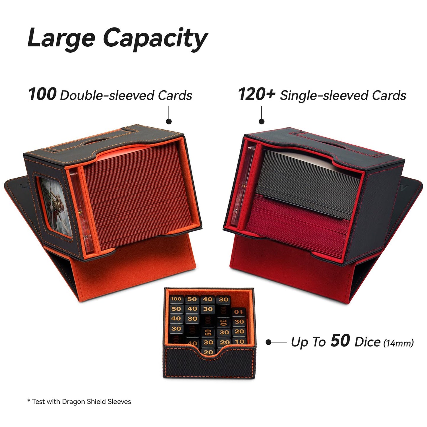 Mage Tech Card Deck Box for MTG Commander - Patented design, Commander display, fits 100 double-sleeved cards, 35pt card brick & dice tray - Red/White.