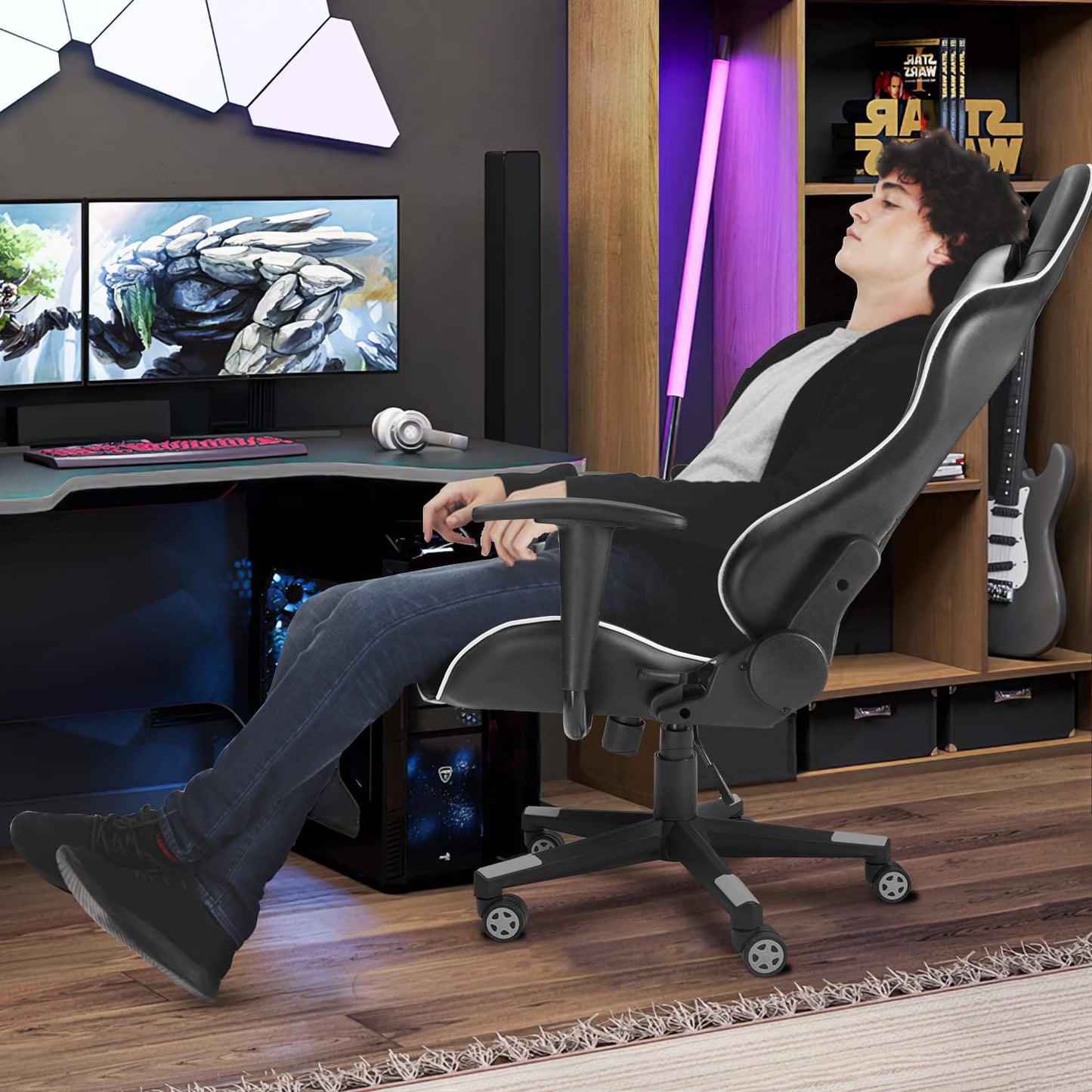 Homall Gaming Chair, ergonomic, adjustable height and back support, gamer seat, office chair, with wheels, quiet, headrest, lumbar support (white)