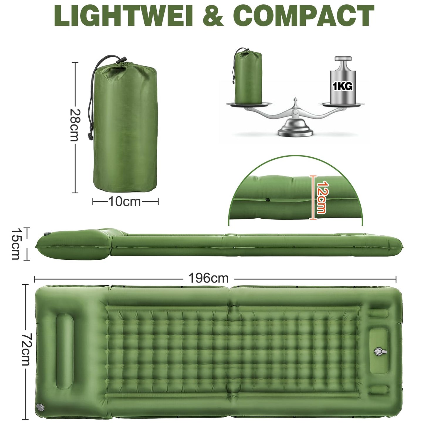 Self-inflating sleeping pad, 12CM thickened air mattress for camping with pillow and foot pump. Ultralight waterproof camping mat for hiking, beach, outdoor, and tent.