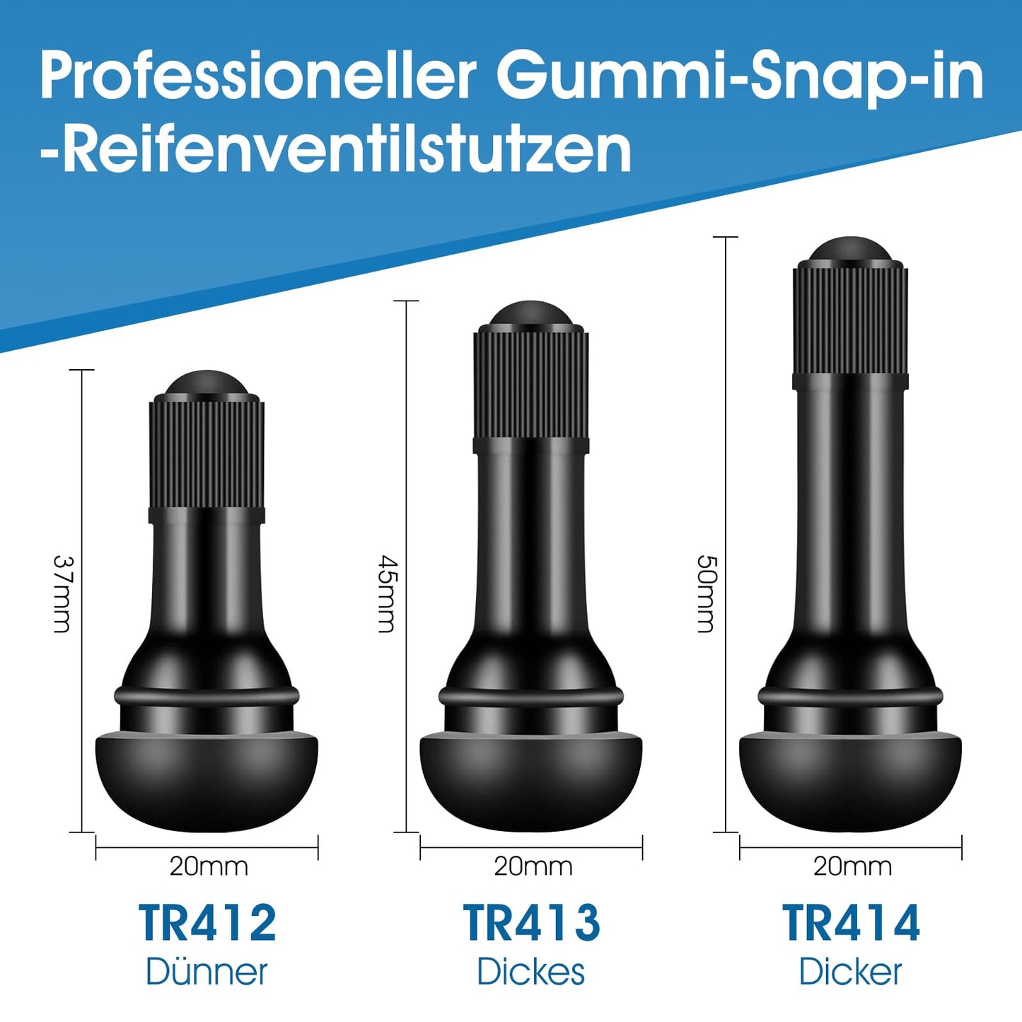 100 pieces of TR414 rubber valves, universal rubber valves 11.3mm valve hole, snap-in rubber valves for cars up to 4.5 bar, rubber tire valves for most cars, motorcycles.