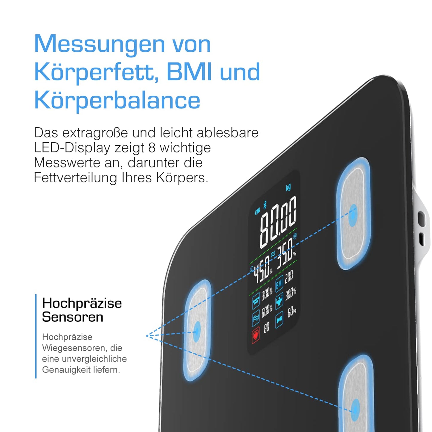 Active Era Bluetooth Body Fat Scale with large LED display - Bluetooth body fat scale with 16 measurements, highly accurate body weight, Body Mass Index (BMI), Free smartphone app (Black)