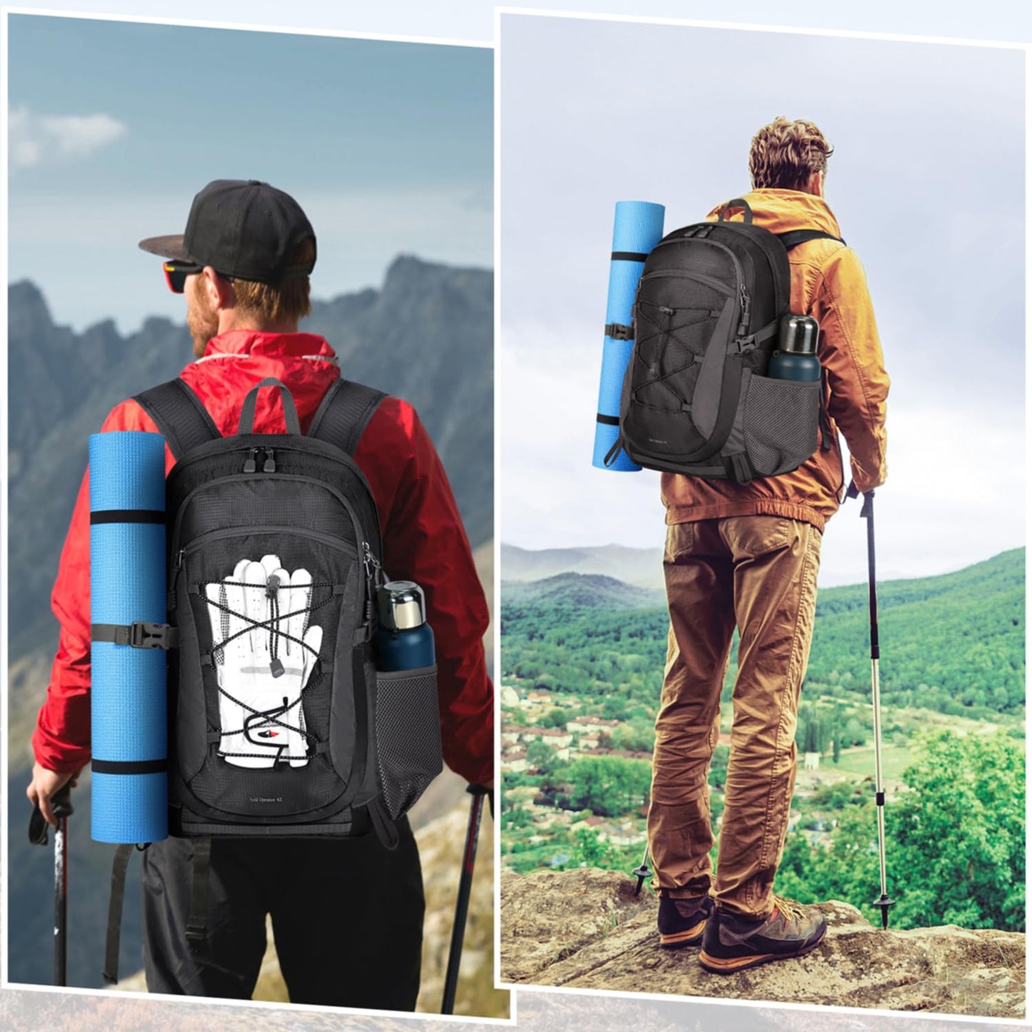 RAINSMORE hiking backpack for men and women 40L waterproof lightweight travel backpack trekking backpack with reflective strips for climbing, cycling, mountaineering, and travel Black