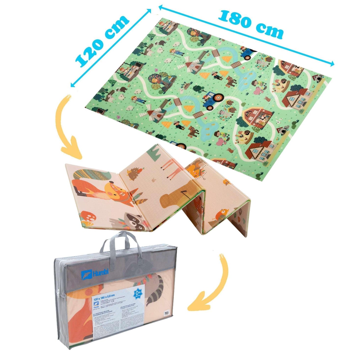 HUMBI Baby Play Mat, Crawling Mat, XPE Foam, Double-sided, Foldable, Waterproof, Extra Large, Carpet Baby Mat, Non-slip, 120x180 cm, Village and Forest