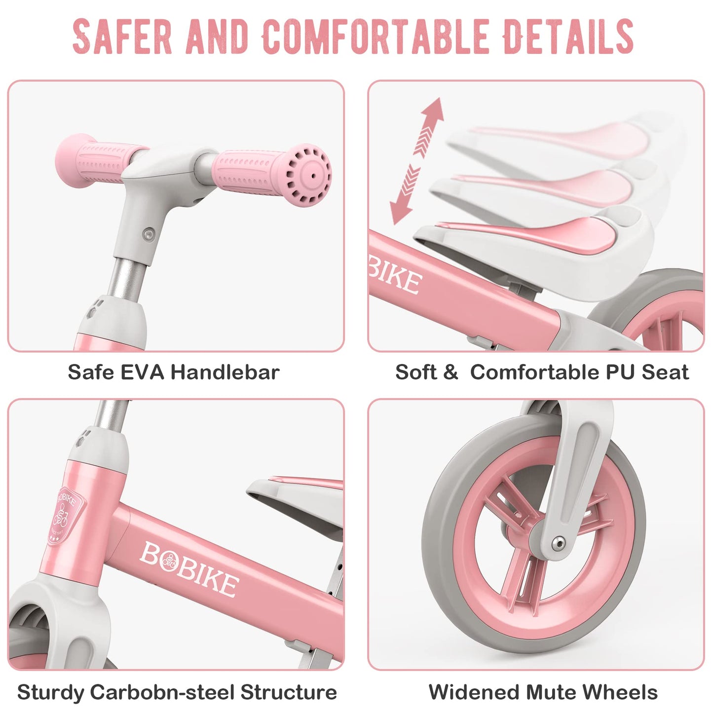 MHCYLION balance bike for 1.5-4 year olds up to 25kg, adjustable handlebar and seat height, handlebar lock, ultralight kids' balance bike for boys and girls (pink)