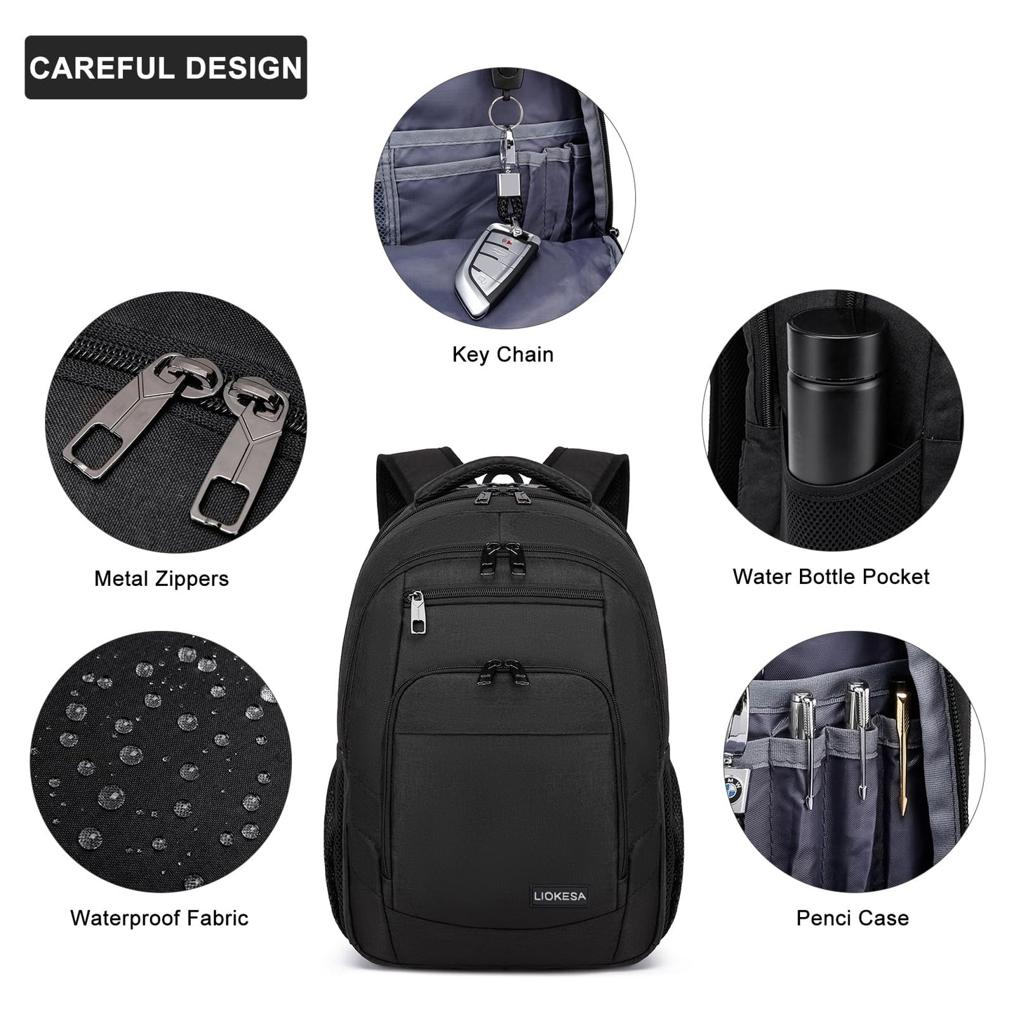 Liokesa backpack for men, 15.6 inch laptop backpack for men, school backpack for teenage boys with USB charging port for business work backpack, for college travel, work, school, black