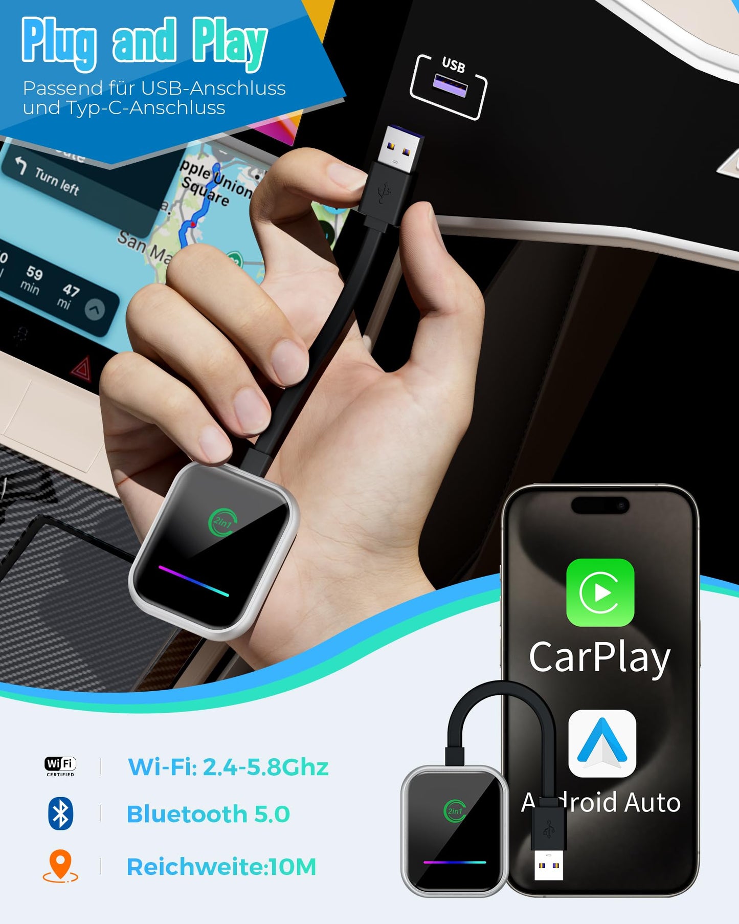 Android Auto & Carplay Wireless Adapter: 2 IN 1 Mini Wireless Adapter for converting Wired Android Auto/Carplay to wireless, USB/Type C Plug and Play, Stable Automatic Connection