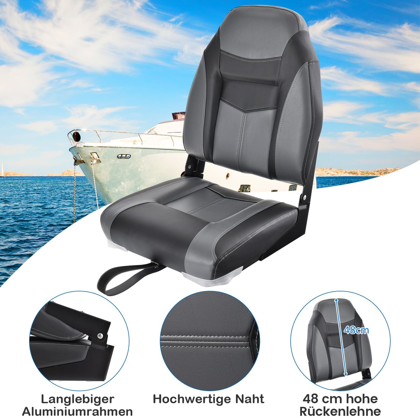 COSTWAY High Back Boat Seat, foldable boat chair with 10cm thick sponge padding, padded helm chair for boats (black, single)