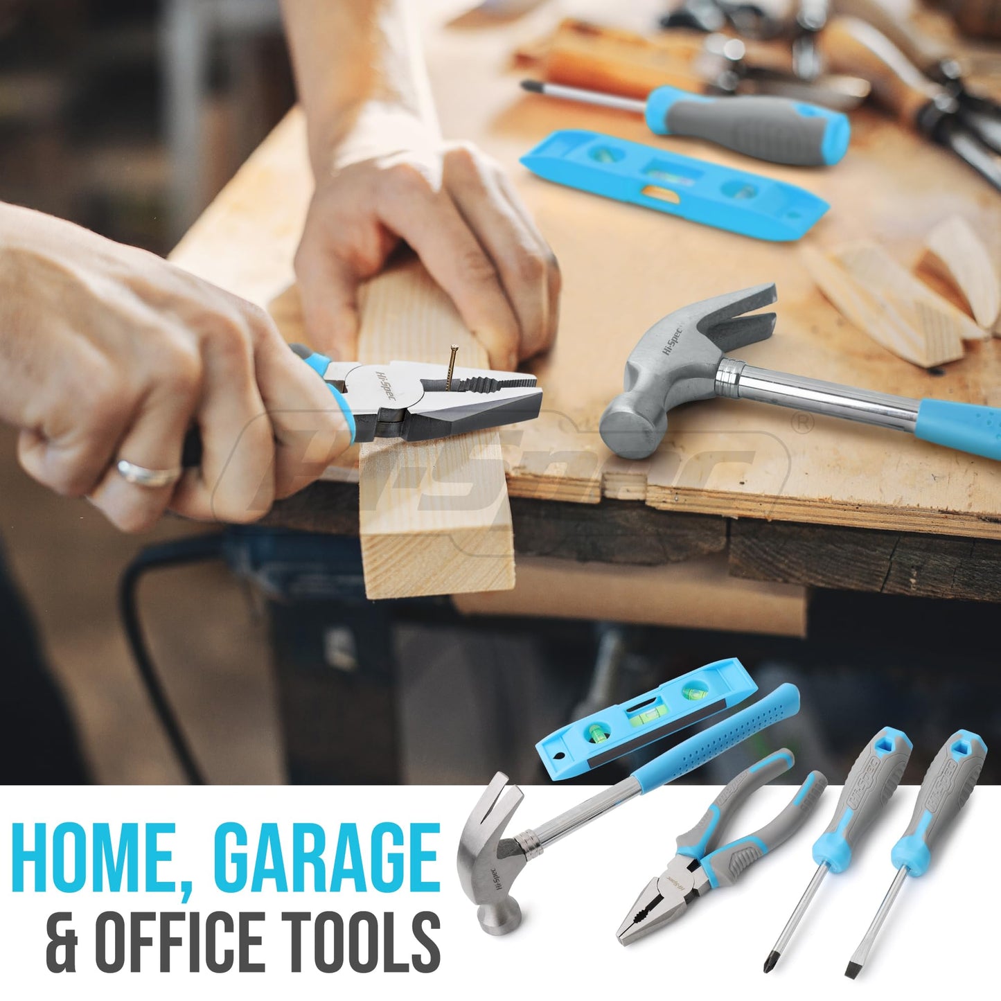 Hi-Spec toolset. Small toolbox filled with blue tools and screwdriver bit set for repairs.