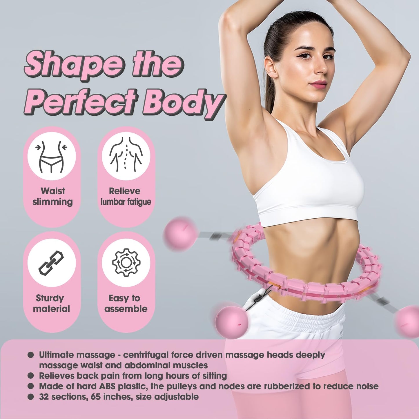 Smart hoop for adults with weighted ball, ultra quiet hula hoop for weight loss with 32 detachable segments, hula hoop for weight loss max waist circumference 165cm (pink)