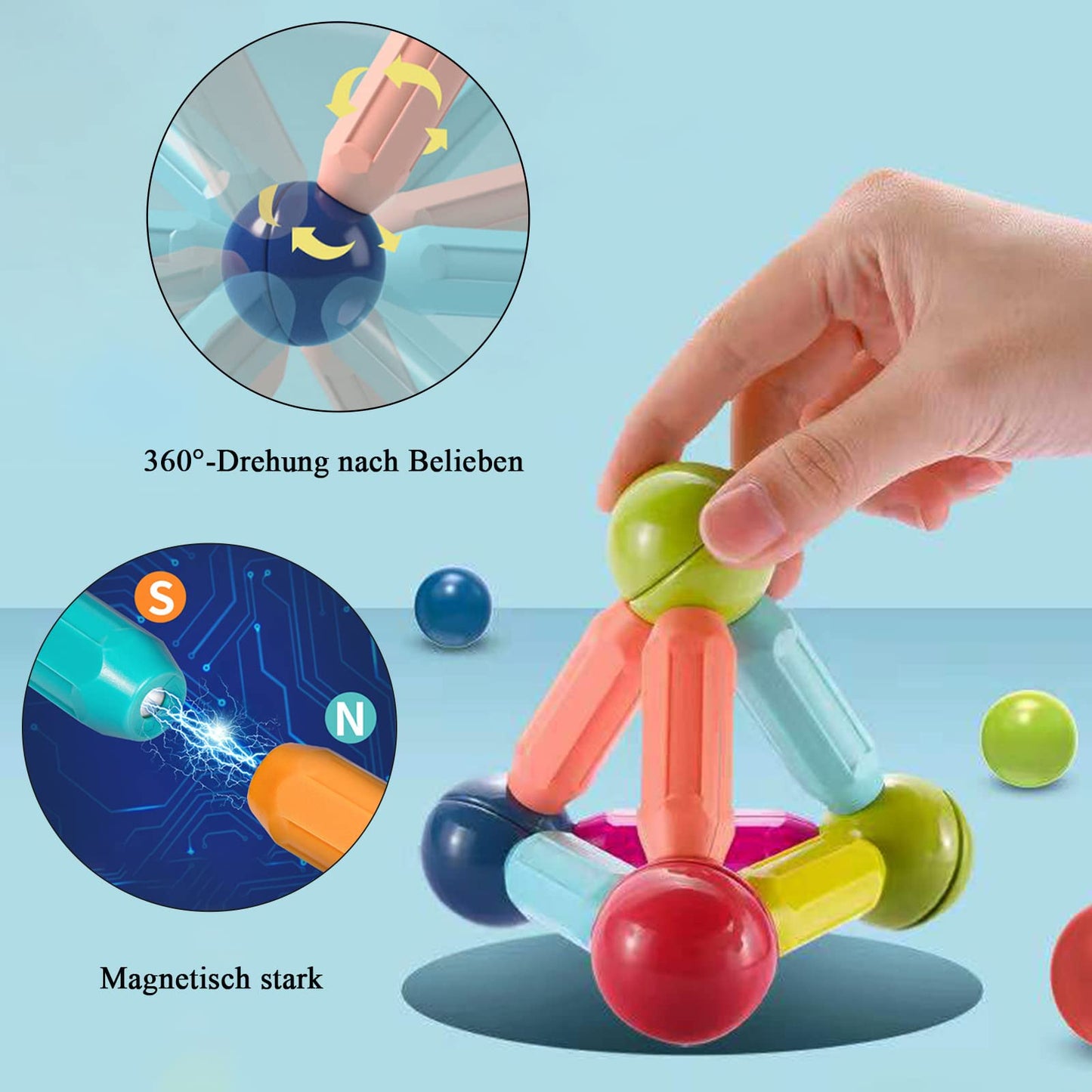 100 pieces of magnetic building blocks for children ages 2, 3, 4, 5, 6, 7. Educational magnet toy for kids, Montessori learning game with balls and rods. Perfect gift for girls and boys.